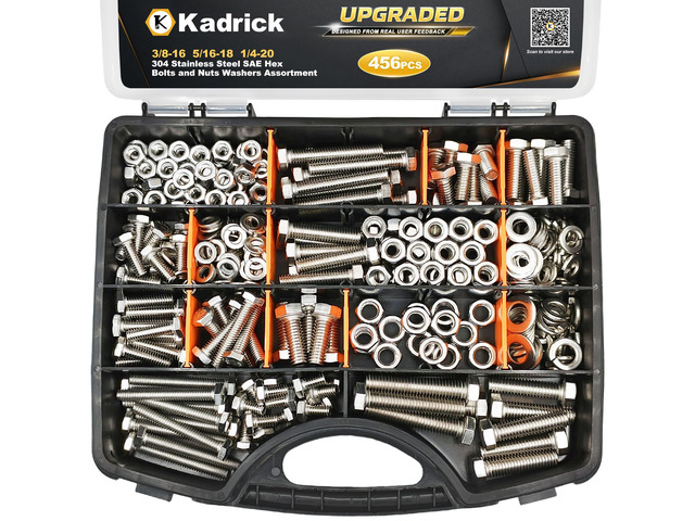 456PCS Stainless Steel Bolt and Nut Kit,SAE 1/4-20 5/16-18 3/8-16 With Storage Box,Length from 1/2''-2''304 stain less steel,assorted bolts with...