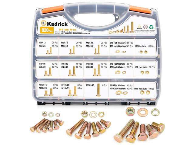 820Pcs Grade 8.8 Metric Bolt Assortment, M6 M8 M10 Hex Heavy Duty Bolts and Nuts Kit,M6 x1.0 M8 x1.25 M10-1.5 (12mm to 45mm),Yellow Zinc Plated