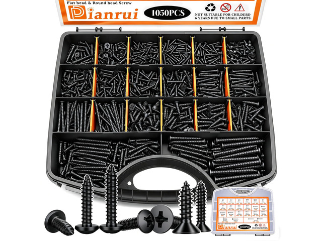 1050PCS Black Wood Screws Assortment Kit, Assorted 304 Stainless Steel Screws M3/M4/M5/M6, Phillips Drive Sheet Metal Self Tapping Screw Set Marine...