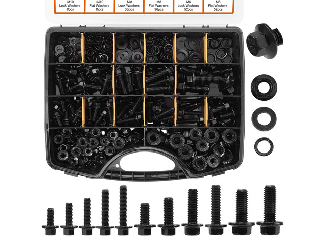 384-Piece Metric Flange Bolt Kit, M6 M8 M10, Black Alloy Steel Grade 8.8 Alloy Steel, Flange Head, Washers And Nuts Included, 12-30 Mm Sizes, For...