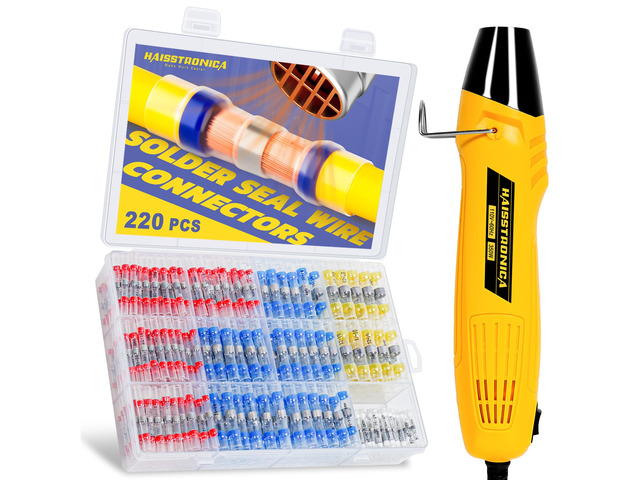 220PCS Solder Seal Connector Kit, 350W Heat Gun, AWG 26-10 Clear Sleeves, 2 Heat Settings, Focused Nozzle, 4 Color-Coded Sizes, Mini Heat Gun,...