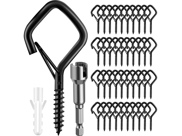 100PCS Screw Hooks for Outdoor String Lights, Patio Wall Ceilling Eye Hook Square Q-Hanger Hook with Safety Buckle for Hanging Cup Plant Pots...