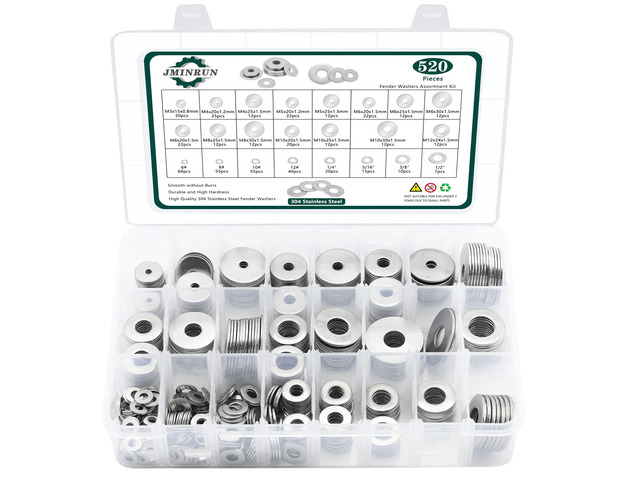 Fender Washers, 520 Pcs SAE + Metric 23 Sizes Flat Washers Assortment Set, 304 Stainless Steel Assorted Hardware Washers Kit for Bolts (M3 M4 M5 M6...