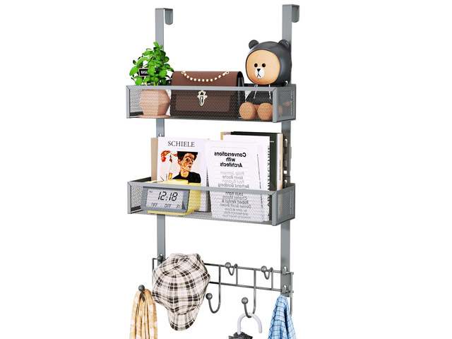 Over The Door Hanger with Coat Hooks and 2 Baskets, Rustproof & Waterproof Over The Door Hooks, Storage Organizer for Hats, Bathroom, Kitchen,...