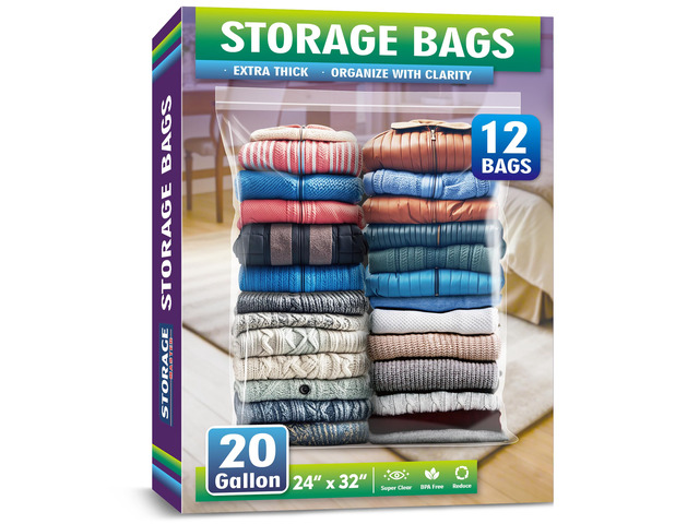 Extra Large 20 Gallon Zippered Plastic Bags for - 24'' x 32'', Ideal for Clothes Clothing, Travel, Moving, 3-mil Extra Thick Clear Plastic, 12 pack