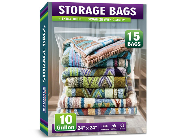 Extra Large 10 Gallon Zippered Plastic Bags for - 24'' x 24'', Ideal for Clothes Clothing, Travel, Moving, 3-mil Extra Thick Clear Plastic, 15 pack