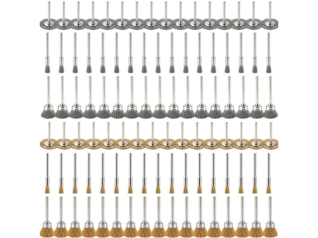 100 Pcs Steel Rotary Tool Small Wire Brush Wheel Set, 1/8 inch Shank Brass & Carbon Stainless Wire Brushes Accessories Kit Cup Wheels & Pen-end fit...