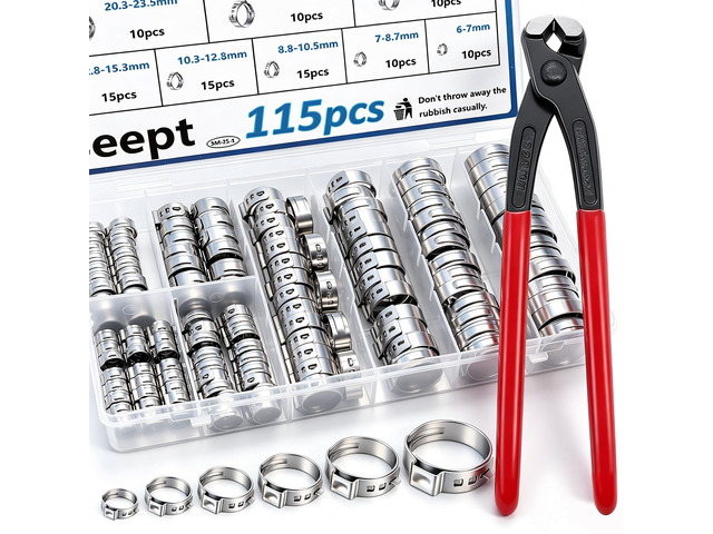 115Pcs 10-Sizes 304 Stainless Steel Single Ear Hose Clamps with Ear clamp plier 6-28.6mm Crimp Hose Clamps Assortment Kit for Auto/Home...