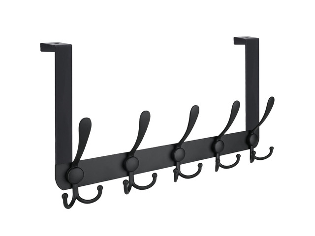 Over The Door Hooks, 5 Heavy Duty Tri Coat Rack All Metal Coat Hanger for Bathroom Bedroom Dorm (Matte Black, 1PK, Fit 1-3/8' Doors)