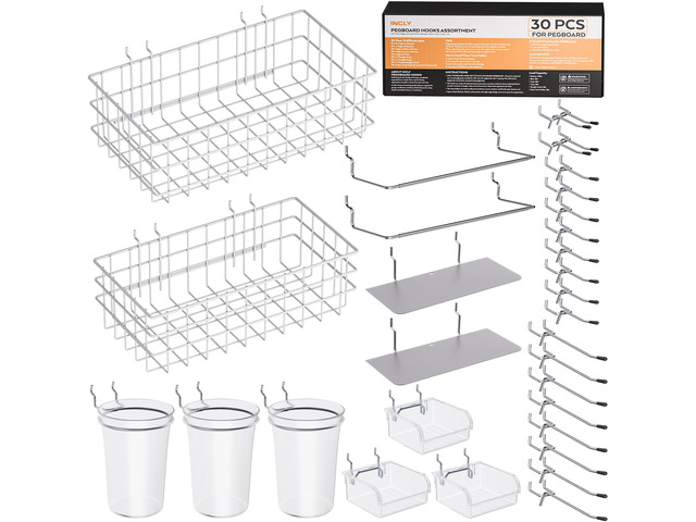 30PCS Peg Board Organizer Accessories Kit with Bins, Cups & Baskets Pegboard Hooks Assortment, Wire Baskets, Paper Towel Holder, 1/8' and 1/4'...