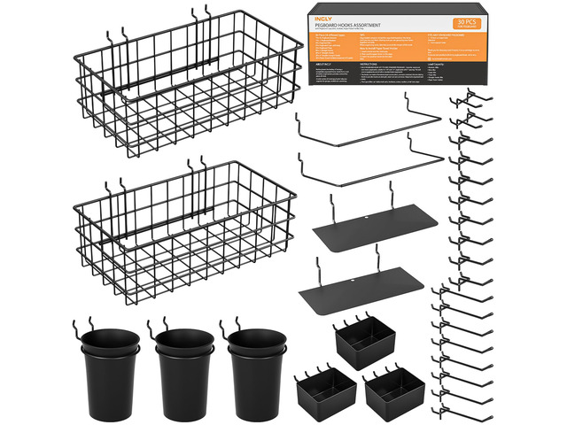 30PCS Peg Board Organizer Accessories Kit with Bins, Cups & Baskets Pegboard Hooks Assortment, Wire Baskets, Paper Towel Holder, 1/8' and 1/4'...