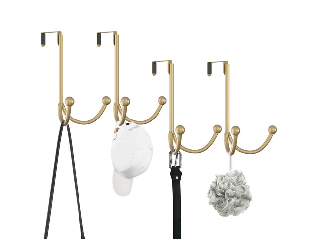 4 Packs Over The Door Double Hanger Hooks, Metal Twin Hooks Organizer for Hanging Coats, Hats, Robes, Towels- Gold