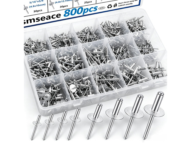 800pcs Silver Pop Rivets with Large Flange Rivets Assortment Kit 7-Sizes Large Head(1/8' 3/16' 1/4') 8-Sizes Small Head (3/32' 1/8' 5/32' 3/16')