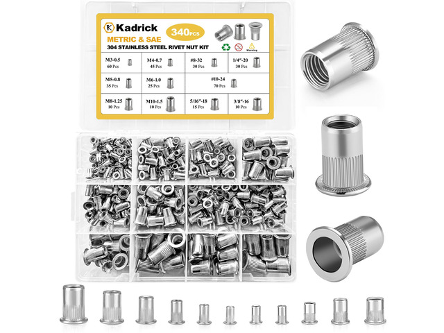 340pcs SAE & Metric Rivet Nut Kit,304 Stainless Steel Flat Head Stainless Steel Rivet Nuts Kit,Rivnut Assortment Nutserts,8-32 10-24 1/4'-20...