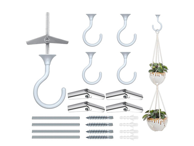 Heavy Duty Ceiling Hooks for Hanging Plants 4 Pack (White) Holds 30 lbs on wood & concrete, 20 lbs on drywall; 2.4' zinc alloy swag hook for...