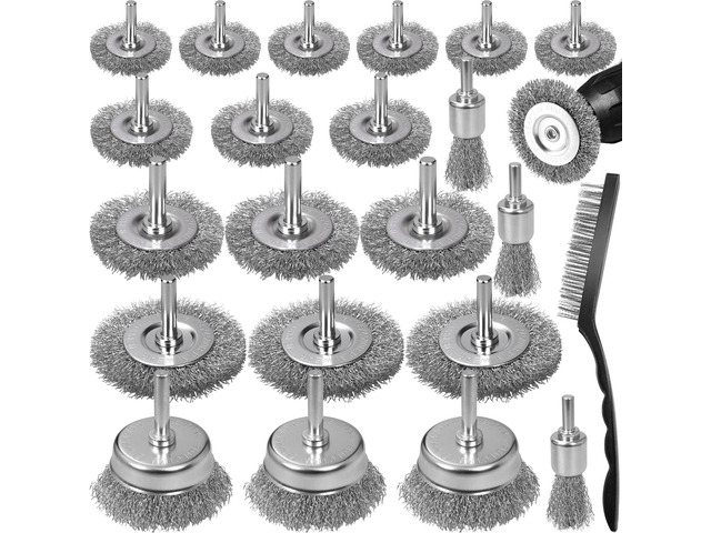 22-Pack Wire Brush for Drill, Carbon Steel Crimped Brushes Spherical Wheel, Cup, Pen End & Hand Brushes Set, Fit 1/4 Inch Round Shank Power Drill...