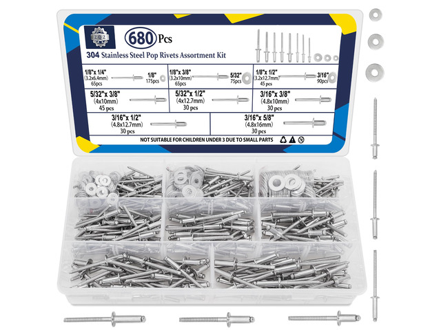 680Pcs Stainless Steel Pop Rivets, 8 Sizes Stainless Rivets with 1/8' 5/32' 3/16' Blind Rivets and Washers Assortment Kit