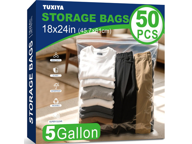 50PACK 5 Gallon Large Zipper Bags for Storage 18' x 24' Storage Bags Large Clear Zipper Bags Reusable with Sealable Zippers Top for Clothes, Travel...