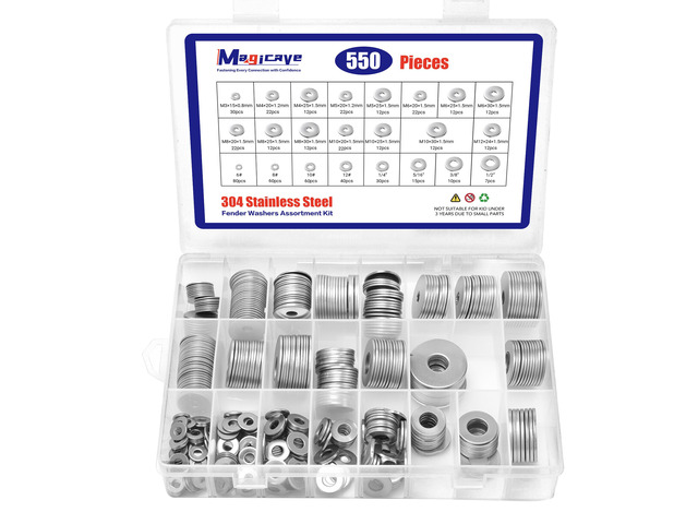 Fender Washers, 550 Pcs SAE and Metric Flat Washers Assortment Kit, Stainless Steel Washers for Screws and Bolts (M3, M4, M5, M6, M8, M10, M12, #6,...