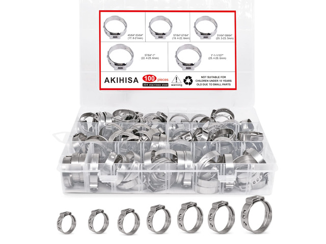 100Pcs 5 sizes Single Ear Hose Clamps, 21-28.6 mm 304 Stainless Steel Pex Crimp Rings Kit, Crimp Hose Clamp Assortment Set for Securing Pipe Hoses...