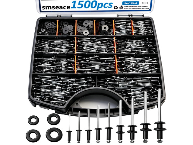 1500Pcs Black Rivets with Wahsers Assortment Kit Packed in Handheld Box 14-Sizes (3/32 inch1/8 inch5/32 inch3/16 inch) Assorted Blind Rivets for...