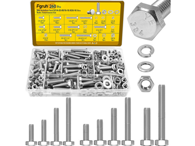 260PCS 1/4-20, 5/16-18, 3/8-16 Hex Bolts Assortment Kit,304 Stainless Lenght 3/4'', 1'', 1-1/2'', 2'', 2-1/2'', SAE Hex Head Bolt Nut and Flat &...