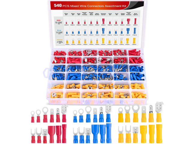 540PCS Mixed Quick Disconnect Insulated Crimp Electrical Terminals Butt Bullet Spade Fork Ring Solderless butt Splice piggyback Male Female...