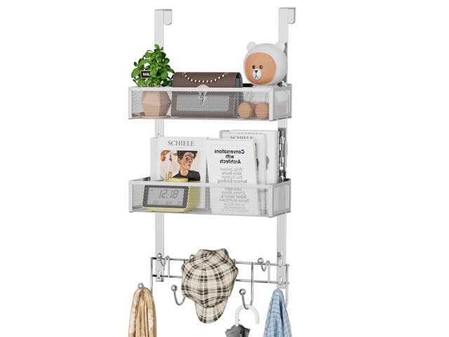 Over The Door Hanger with Coat Hooks and 2 Baskets, Rustproof & Waterproof Over The Door Hooks, Storage Organizer for Hats, Bathroom, Kitchen,...