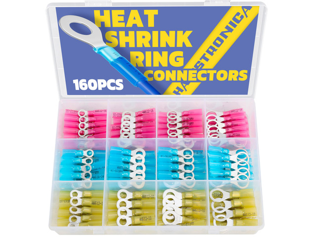 160PCS Heat Shrink Ring Terminals, 22-10 AWG, 3 Colors 4 Sizes Battery and Ground Stud Connections, 0.7 mm Ring Tongues, #10, 1/4 in, 5/16 in, 3/8...
