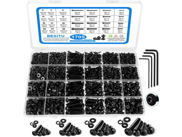 1705 Pcs Machine Screw Assortment Kit, M2 M3 M4 M5 Metric Bolts and Nuts Kit with Lock and Flat Washers, Hex Button Head 10.9 Alloy Steel Cap Screw...