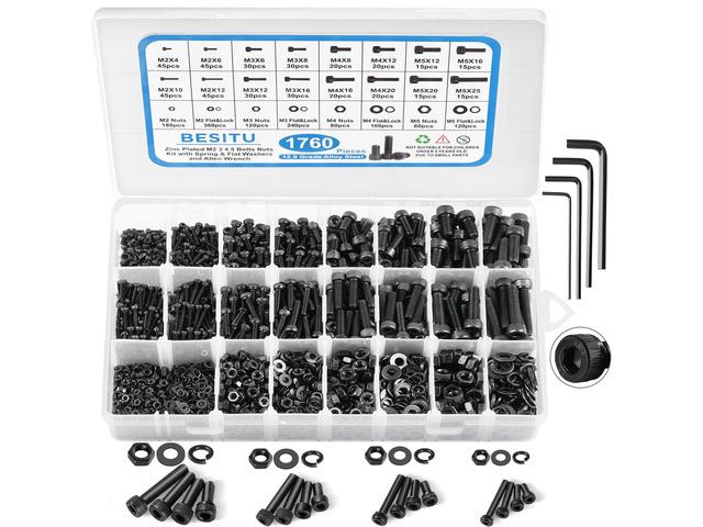 1760pcs M2 M3 M4 M5 Metric Screw Assortment, Grade 12.9 Alloy Steel Hex Socket Head Cap Bolts and Nuts Kit, Black Zinc Plated and Anti Rust Screw...