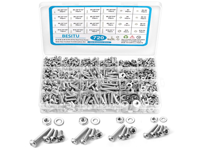 720Pcs Machine Screw Assortment Kit, #10-24#8-32#6-32#4-40 Phillips Pan Head Assorted Nuts Bolts and Flat Washers Kit, Stainless Steel Screws...
