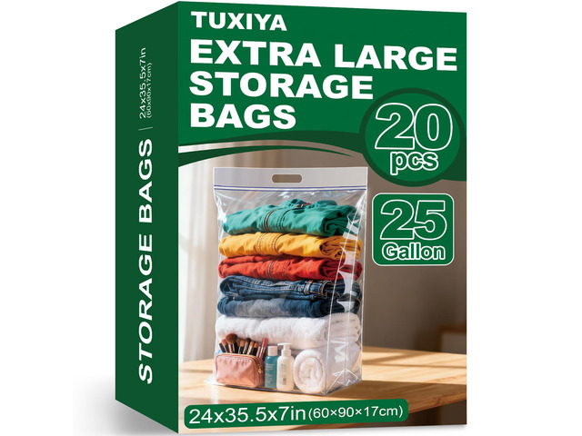 20 PACK 25 Gallon Extra Large Storage Bags,35.5'x 24'x 7'Zipper Bags Resealable Clear Zipper Bags with Handle, Heavy Duty Big Bag for Clothes...