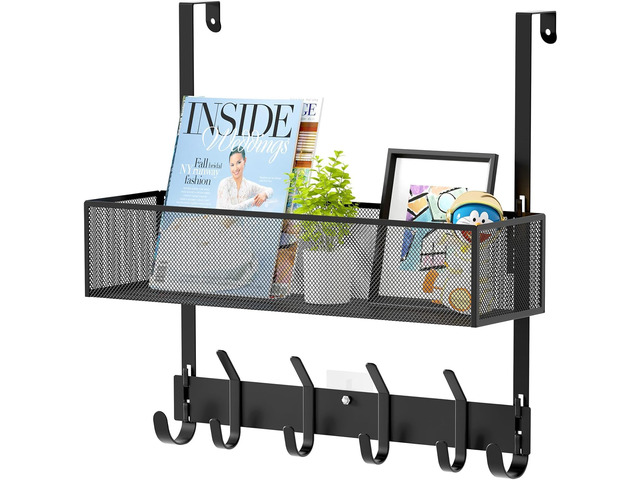 Over The Door Hooks Organizer,Back Door Storage with Coat Hooks Door Hanger with Mesh Basket & Wreath Hanger,Towel Rack for Bathroom, Bedroom,...
