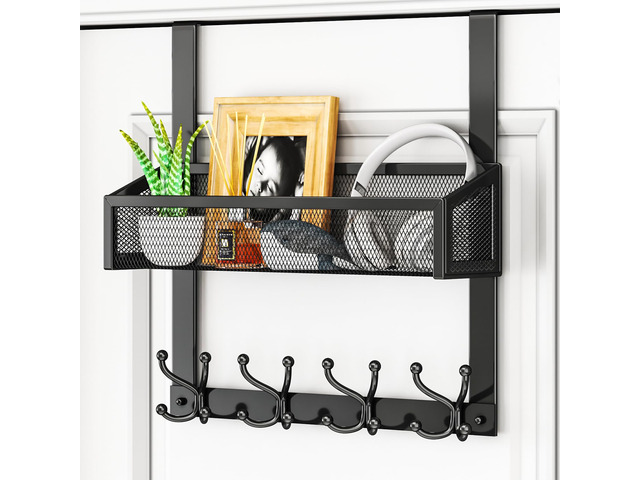 Over The Door Hooks - Easy Installation Door Hanger with Basket and 16 Hooks, 304 Stainless Steel Storage Organizer for Towels, Coats, Bathroom,...