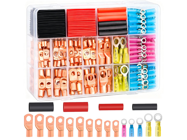 /180PCS Battery Cable Ends AWG 2 4 6 8 10 12 14 16 Gauge Copper Cable Wire Lugs,Ring Terminals Connectors,Copper Ring Terminals Connectors with...