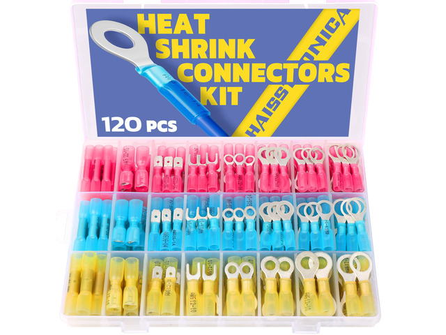 120PCS Heat Shrink Wire Connectors, 22-10 AWG, 3Colors/24Sizes Marine Grade Ring, Fork, Spade & Butt Terminals, Multiple Automotive & Boat Wiring...