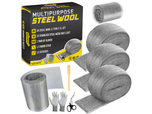 Steel Wool Mice Control - 3 Pack 2.75 in x 11.5 Ft Steel Wool & 1 Pack 5 in x 15 Ft Wire Mesh with Wooden Stick & Gloves & Scissors, Mouse Hole...