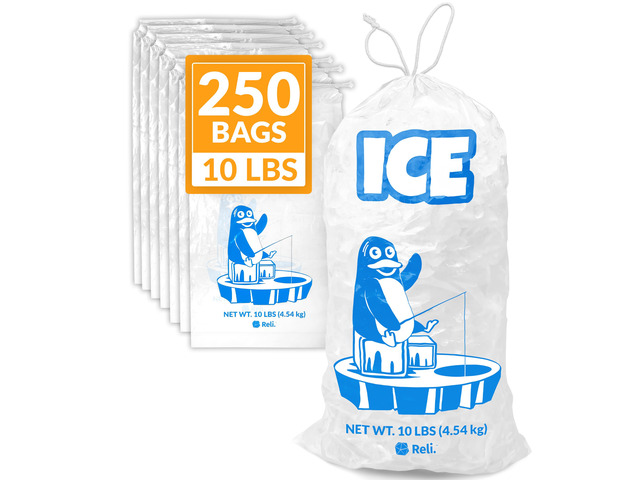 Plastic Ice Bags 10 lb (250 Pack Bulk) Cotton Drawstring 12'x21' Ice Bags Reusable, Heavy Duty Clear, Freezer Safe Storage 1.5 Mil