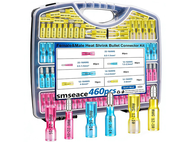 460PCS Heat Shrink Bullet Connectors Assortment Kit 22-10AWG Waterproof Bullet connectors Packed in Handheld Box for Automotive Boat Stereo...