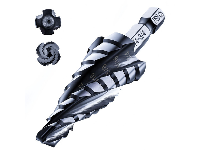 toolant M35 Cobalt Step Drill Bit, 1/4'-3/4', TiAlN, 1/4' Hex Shank M35 Cobalt HSS; TiAlN Coating; Four Spiral Flutes; 1/4' Hex Shank Unibit;...