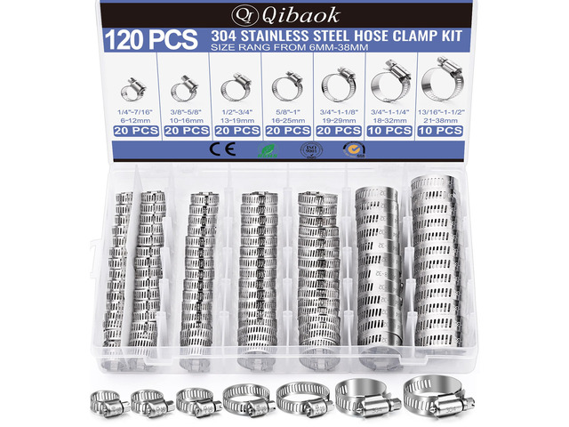 Hose Clamp- 120 PCS Stainless Steel Hose Clamps Assortment Kit 1/4''1-1/2'' Worm Gear Clamps for Fuel Line, Plumbing, Automotive, Mechanical...
