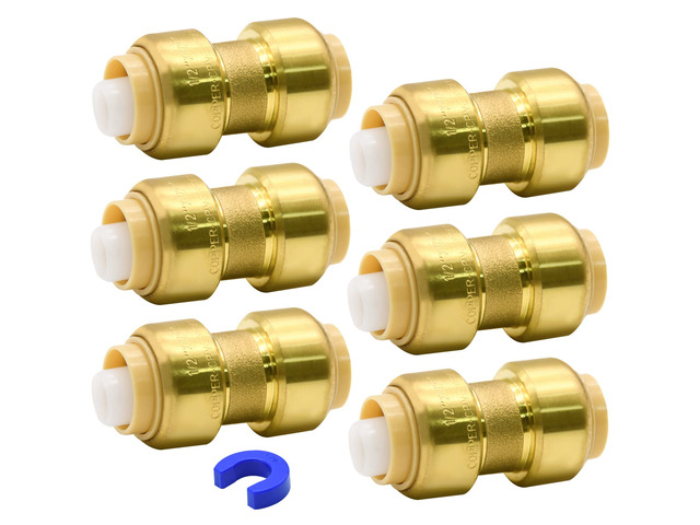 6 Pack Push-to-Connect Plumbing Fittings, 1/2' Pushfit Straight Fittings with Disconnect Clip for Copper, PEX, CPVC Pipe