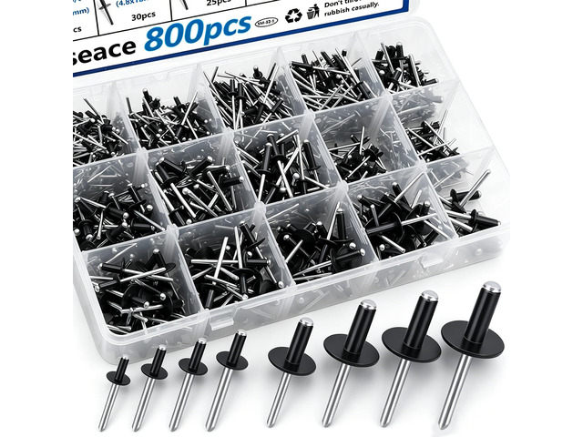 800pcs Black Pop Rivets with Large Flange Rivets Assortment Kit 7-Sizes Large Head(1/8' 3/16' 1/4') 8-Sizes Small Head (3/32' 1/8' 5/32' 3/16')