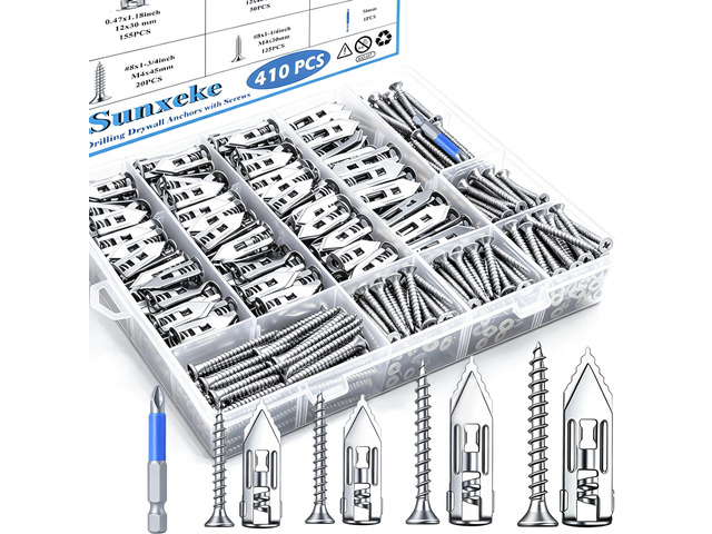 410PCS Self Drilling Drywall Anchors with Screws Kit-2 Sizes Sheetrock Anchors & 4 Sizes Zinc Expansion Screws, Upgraded Zinc Plated Steel,No Drill...