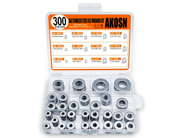 Stainless Steel Flat Washers Assortment Kit, SAE 304, 300-Piece Metal Screw Washers Set for Bolts, 8 Sizes #6; #10; #12; 1/4'; 5/16'; 3/8'; 1/2'
