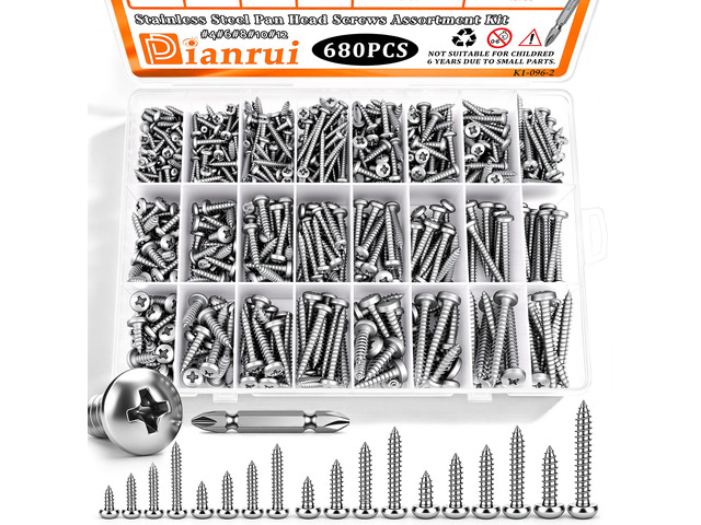 680 PCS 304 Stainless Steel Screws, #4#6#8#10#12 Wood Screws Assortment Kit, Assorted Sheet Metal Screws, Phillips Pan Head Assorted Sheet Metal...