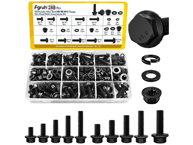 288PCS M6 M8 M10 Flange Bolt Assortment Kit, Length 12/16/20/25/30 mm M6-1.0, M8-1.25, M10-1.5 Metric Flanged Head Hex Bolts and Nuts Washers...
