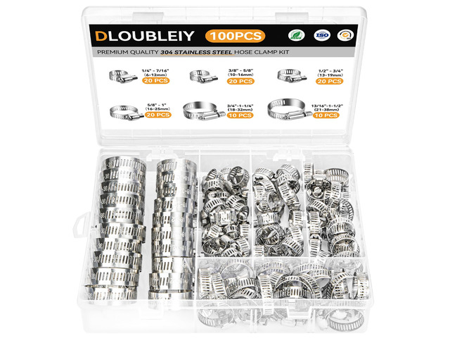 100PCS Hose Clamp Assortment Kit, Stainless Steel Worm Gear Clamp Adjustable Clamps, Fits 1/4'' to 1 1/2'' (6-38mm) for Plumbing, Automotive, Fuel...