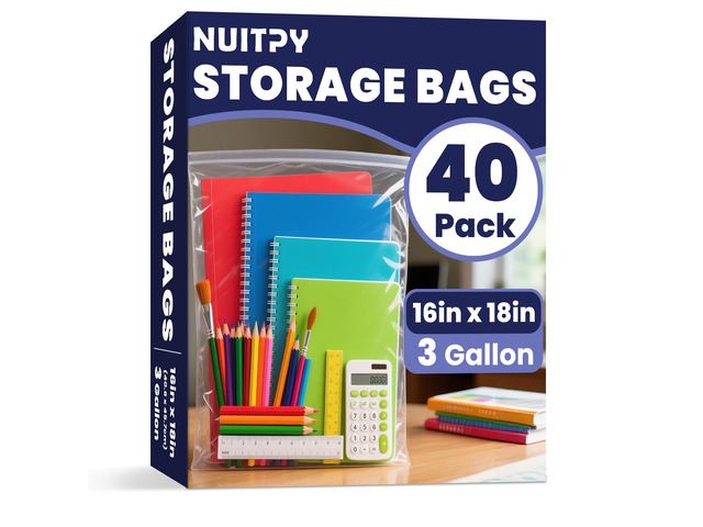 40 Pack Large 3 Gallon Storage Bags with Zipper Top, 16 x 18in Zipper Bags Clear Plastic Bag for Storage, Reusable, Sealable Storage Bag for...